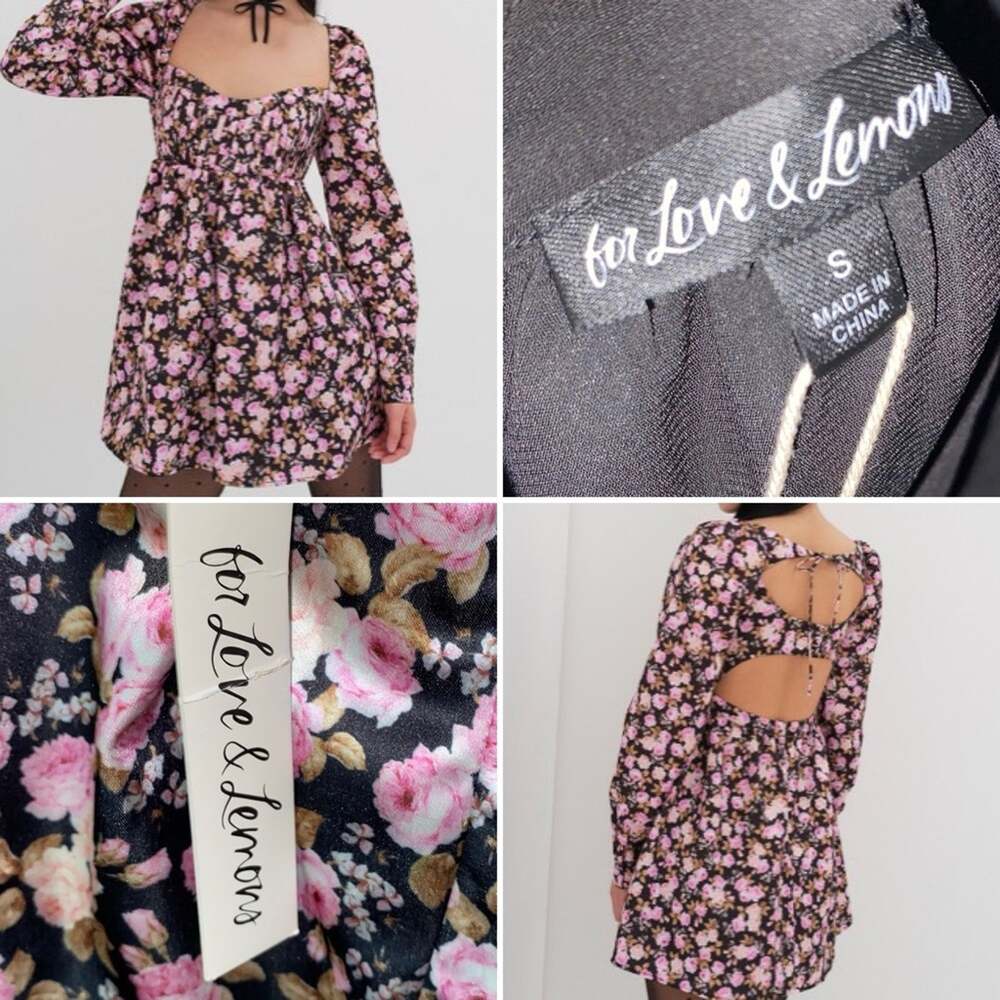 New! $254 For Love & Lemons Kate Long Sleeve Black Floral Babydoll Dress Small
